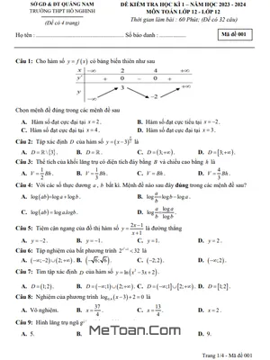 Đề thi học kì 1 Toán 12 năm 2023 - 2024 trường THPT Hồ Nghinh - Quảng Nam