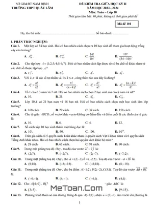 Đề giữa kỳ 2 Toán 10 năm 2023 - 2024 trường THPT Quất Lâm - Nam Định