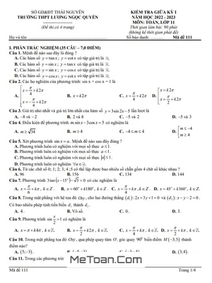 Đề thi giữa kì 1 Toán 11 năm 2022 - 2023 trường THPT Lương Ngọc Quyến - Thái Nguyên