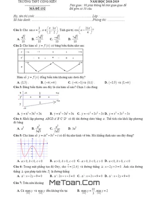 Đề thi KSCL lần 1 Toán 12 năm 2018 - 2019 trường THPT Cộng Hiền - Hải Phòng