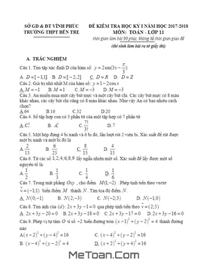 Đề thi học kỳ 1 Toán 11 năm 2017 - 2018 trường THPT Bến Tre - Vĩnh Phúc (Có đáp án)