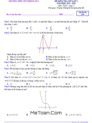 Đề thi giữa kỳ 1 Toán 12 năm 2019 - 2020 trường THPT Yên Phong 1 - Bắc Ninh