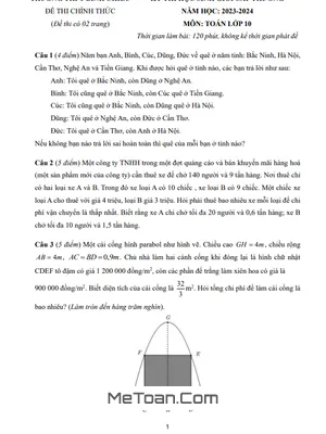 Đề thi học sinh giỏi Toán 10 năm 2023 - 2024 trường THPT Bình Chiểu - TP HCM