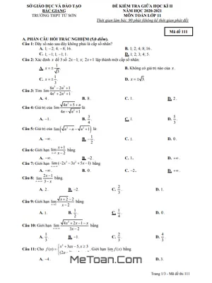 Đề thi giữa kì 2 Toán 11 năm 2020-2021 trường THPT Tứ Sơn - Bắc Giang