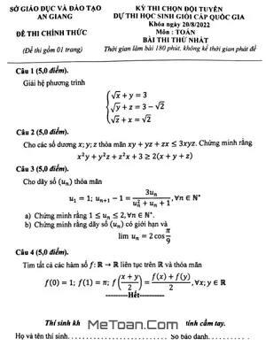 Đề thi chọn HSG QG môn Toán năm 2022-2023 Sở GD&ĐT An Giang