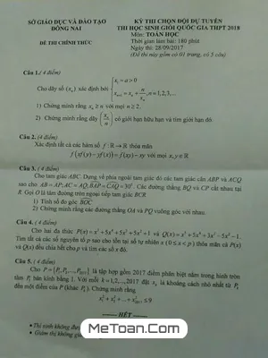 Đề thi chọn HSG Quốc gia môn Toán 2018 - Sở GD&ĐT Đồng Nai