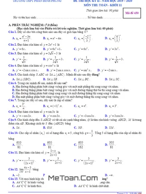 Đề thi học kì 2 Toán 11 năm 2019 – 2020 trường THPT Phan Đình Phùng – Hà Nội