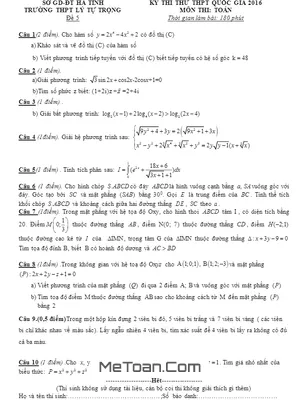 Đề thi thử THPT Quốc gia 2016 môn Toán trường THPT Lý Tự Trọng – Hà Tĩnh lần 5