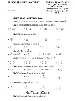 Đề thi học kỳ 1 Toán lớp 7 năm 2022 - 2023 trường TH&THCS Hóa Trung - Thái Nguyên