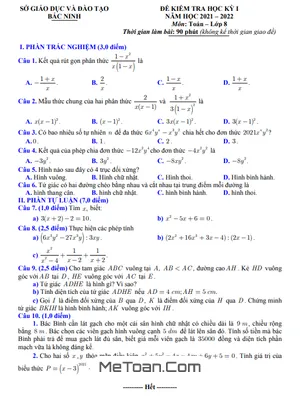 Đề thi học kì 1 Toán 8 năm 2021 - 2022 sở GD&ĐT Bắc Ninh