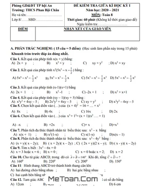 Đề thi giữa kì 1 Toán 8 năm 2020 - 2021 trường THCS Phan Bội Châu - Quảng Nam