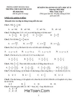 Đề Thi Giữa Học Kì 2 Môn Toán Lớp 7 Năm 2023-2024 Trường THCS Quỳnh Xuân - Nghệ An