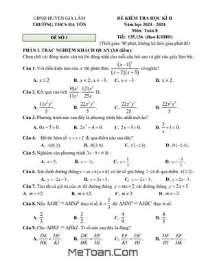 Đề Thi Cuối Kỳ 2 Toán 8 Năm 2023 - 2024 Trường THCS Đa Tốn - Hà Nội