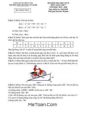 Đề thi học kì 2 Toán 7 năm 2019 - 2020 trường THCS Huỳnh Văn Nghệ - TP HCM