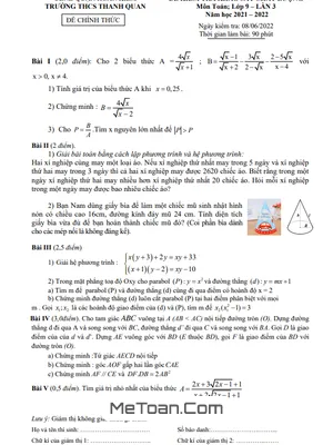 Đề khảo sát Toán 9 lần 3 năm 2021 - 2022 trường THCS Thanh Quan - Hà Nội