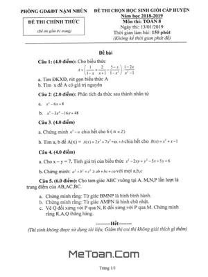 Đề thi học sinh giỏi Toán 8 huyện Nậm Nhùn - Lai Châu năm học 2018-2019