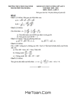 Đề KSCL giữa kỳ 1 Toán 9 năm 2020 - 2021 trường THCS Trần Mai Ninh - Thanh Hóa