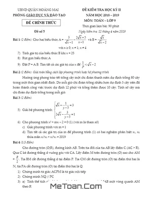 Đề thi HK2 Toán 9 năm 2018 - 2019 phòng GD&ĐT Hoàng Mai - Hà Nội