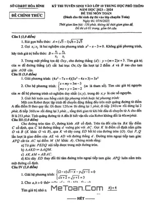 Đề thi tuyển sinh lớp 10 môn Toán (chuyên) năm 2023 - 2024 Sở GD&ĐT Hòa Bình
