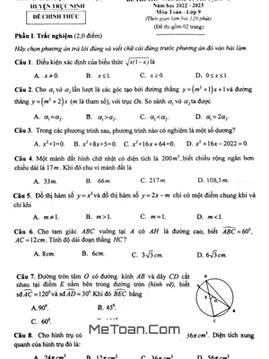 Đề thi thử Toán vào lớp 10 lần 2 năm 2022 - 2023 phòng GD&ĐT Trực Ninh - Nam Định