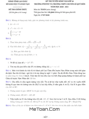 Đề thi vào lớp 10 môn Toán (chung) trường THPT Chuyên Lê Quý Đôn - Lai Châu năm học 2020 - 2021