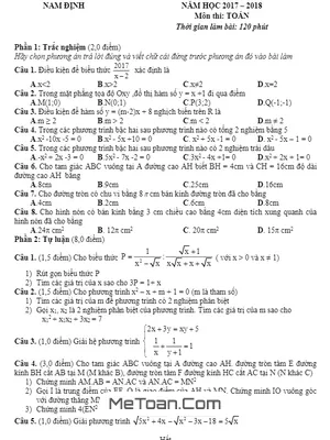 Đề thi tuyển sinh lớp 10 THPT môn Toán năm 2017 - 2018 sở GD&ĐT Nam Định