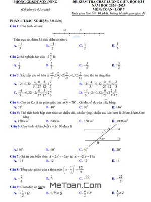 Đề giữa kì 1 Toán 7 năm 2024 - 2025 phòng GD&ĐT Sơn Động - Bắc Giang
