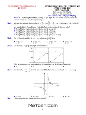 Trọn Bộ Đề Tham Khảo Cuối Kì 1 Toán 12 Năm 2024 - 2025 Trường THPT Thuận Thành 1 - Bắc Ninh