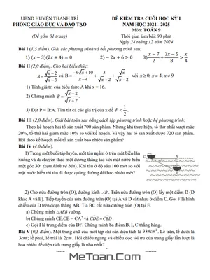 Đề thi học kỳ 1 Toán 9 năm 2024 - 2025 phòng GD&ĐT Thanh Trì - Hà Nội
