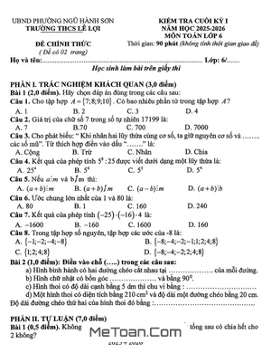 Đề thi học kỳ 1 môn Toán lớp 6 trường THCS Lê Lợi - Đà Nẵng 2025-2026