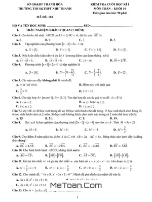 Đề thi học kì 1 Toán 10 năm 2021 - 2022 trường Như Thanh - Thanh Hóa - TOANMATH.com