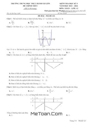 Đề thi học kỳ 1 Toán 12 năm 2023 - 2024 trường THPT Thực hành Sài Gòn - TP HCM