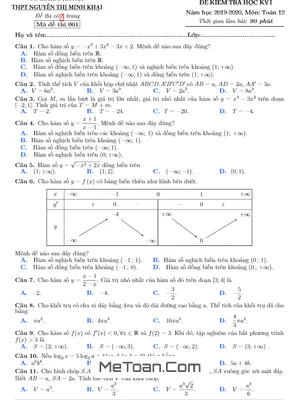 Đề thi HK1 Toán 12 năm 2019 - 2020 trường Nguyễn Thị Minh Khai - Hà Nội
