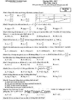 Đề kiểm tra định kỳ Toán 12 lần 1 năm 2016 - 2017 Sở GD&ĐT Bắc Ninh
