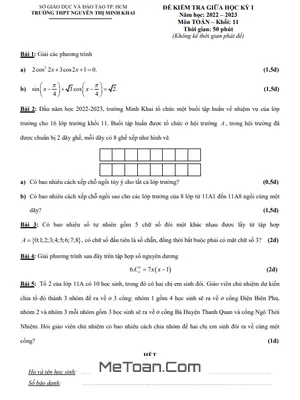 Đề Thi Giữa Kỳ 1 Toán 11 Năm 2022 - 2023 Trường THPT Nguyễn Thị Minh Khai - TP HCM