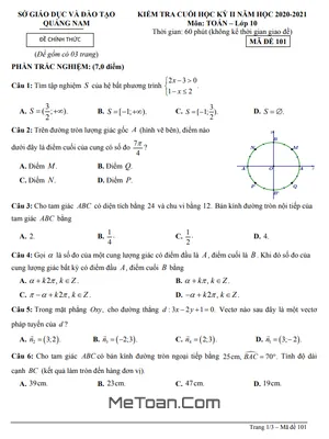 Đề thi Toán 10 cuối kỳ 2 năm 2020 - 2021 sở GD&ĐT Quảng Nam (Có đáp án)