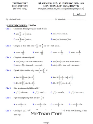 💯 05 Đề Tham Khảo Kiểm Tra Cuối Học Kì 1 Toán 11 KNTT - Có Lời Giải