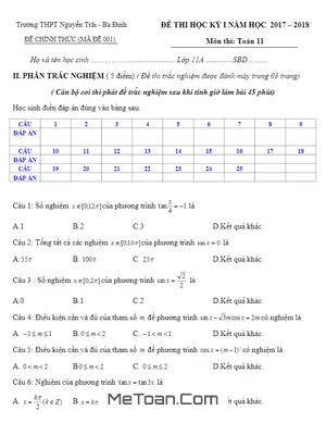 Đề thi HK1 Toán 11 năm học 2017 - 2018 trường THPT Nguyễn Trãi - Hà Nội (có lời giải)