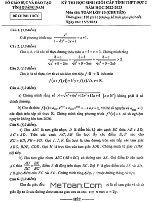 Đề thi học sinh giỏi tỉnh Toán 10 chuyên đợt 2 năm 2022 - 2023 Sở GD&ĐT Quảng Nam