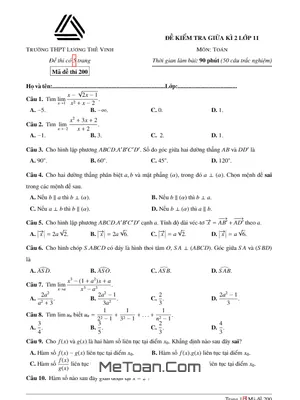 Đề thi giữa kỳ 2 Toán 11 trường THPT Lương Thế Vinh – Hà Nội (Có đáp án)