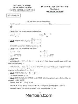 Đề thi học kì 2 môn Toán lớp 11 năm 2019 - 2020 trường THPT Trần Nhân Tông - TP. HCM (có đáp án)