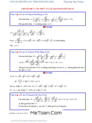Phân Dạng Bài Toán Tuyển Sinh Lớp 10 Môn Toán (2023 - 2024)