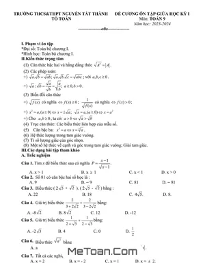 Đề Cương Ôn Tập Giữa Kì 1 Toán 9 Năm 2023 - 2024 Trường Nguyễn Tất Thành - Hà Nội