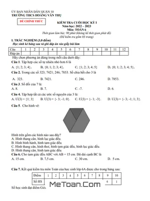 Đề thi học kỳ 1 Toán lớp 6 năm 2022 - 2023 trường THCS Hoàng Văn Thụ - TP HCM