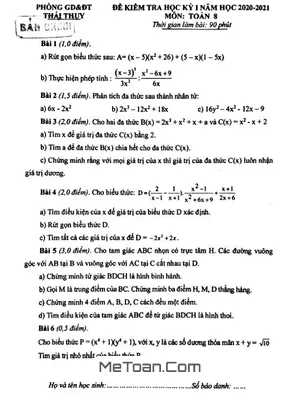 Đề thi HK1 Toán 8 năm 2020 - 2021 phòng GD&ĐT Thái Thụy - Thái Bình