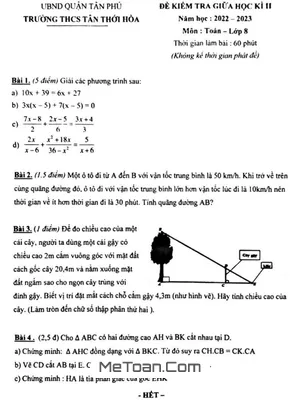 Đề Thi Giữa Kì 2 Toán 8 Năm 2022 - 2023 Trường THCS Tân Thới Hòa - TP.HCM