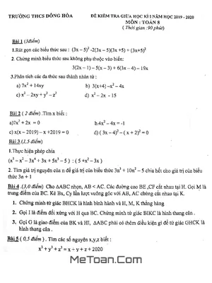 Đề thi giữa kì 1 Toán 8 năm 2019-2020 trường THCS Đông Hòa - Thái Bình
