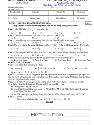 Đề thi giữa kỳ 2 Toán 7 năm 2022 - 2023 phòng GD&ĐT Nông Cống - Thanh Hóa