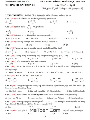 Đề Tham Khảo Cuối Kỳ 2 Toán 8 Năm 2023 - 2024 Trường Nguyễn Du - Quảng Nam