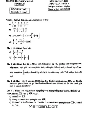 Đề thi học kì 2 môn Toán lớp 6 năm 2019 - 2020 trường THCS Minh Đức - TP HCM